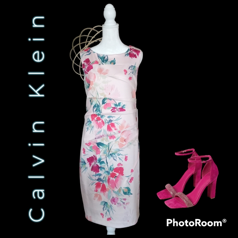 NWT Calvin Klein Pink Floral Midi Form Fitting Sheath Dress Size 14W
